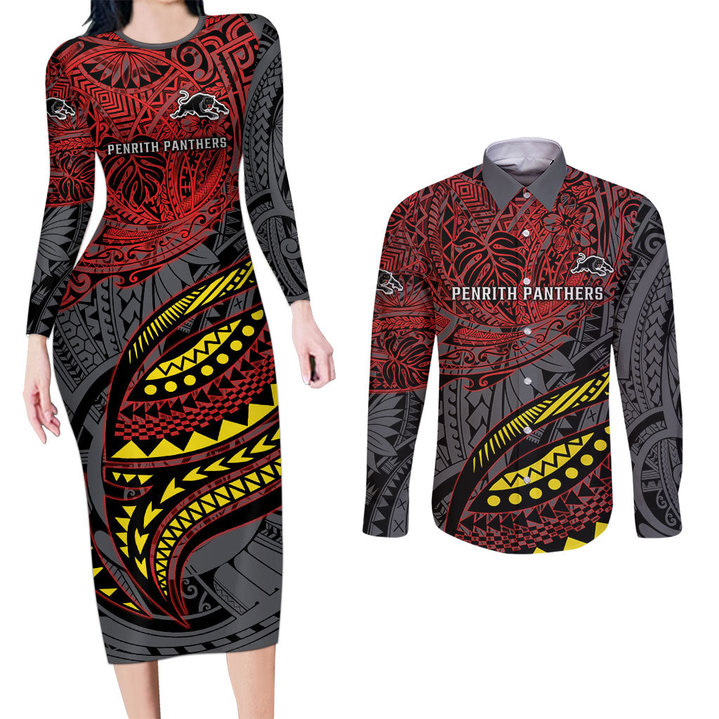Personalised Penrith Panthers Couples Matching Long Sleeve Bodycon Dress and Long Sleeve Button Shirt Polynesian Tribal Art Style With Fierce Panther Mascot
