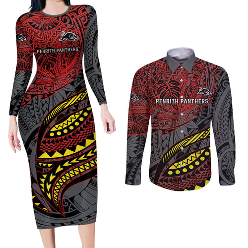 Personalised Penrith Panthers Couples Matching Long Sleeve Bodycon Dress and Long Sleeve Button Shirt Polynesian Tribal Art Style With Fierce Panther Mascot
