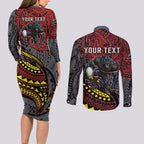 Personalised Penrith Panthers Couples Matching Long Sleeve Bodycon Dress and Long Sleeve Button Shirt Polynesian Tribal Art Style With Fierce Panther Mascot