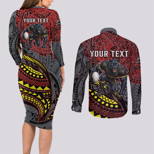 Personalised Penrith Panthers Couples Matching Long Sleeve Bodycon Dress and Long Sleeve Button Shirt Polynesian Tribal Art Style With Fierce Panther Mascot