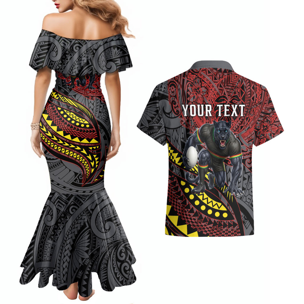 Personalised Penrith Panthers Couples Matching Mermaid Dress and Hawaiian Shirt Polynesian Tribal Art Style With Fierce Panther Mascot