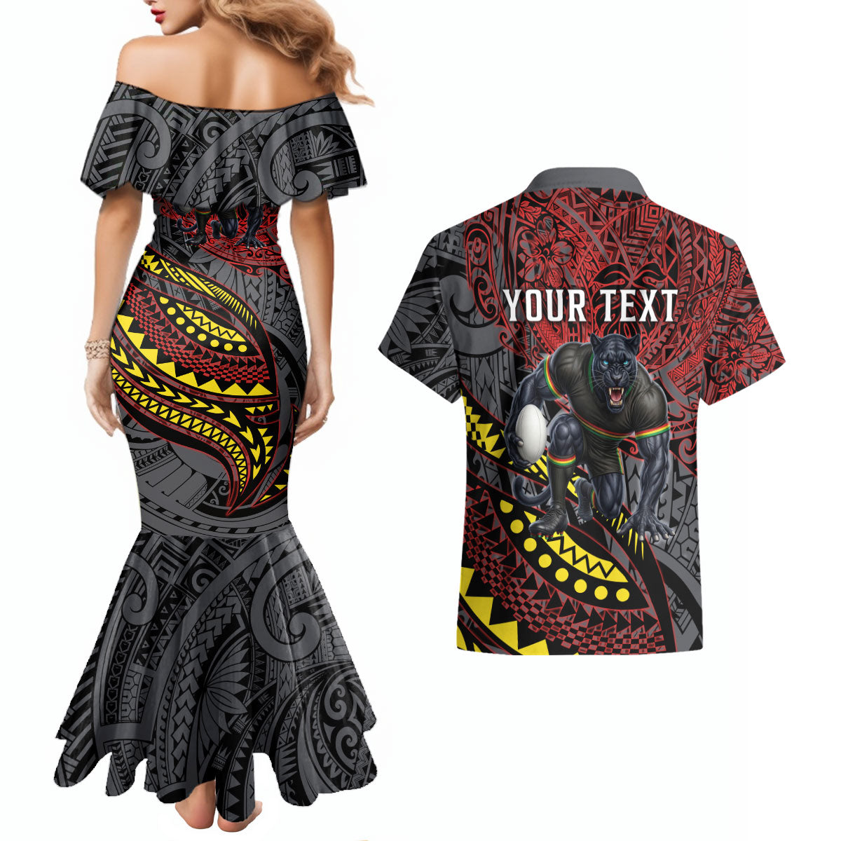 Personalised Penrith Panthers Couples Matching Mermaid Dress and Hawaiian Shirt Polynesian Tribal Art Style With Fierce Panther Mascot
