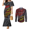 Personalised Penrith Panthers Couples Matching Mermaid Dress and Long Sleeve Button Shirt Polynesian Tribal Art Style With Fierce Panther Mascot