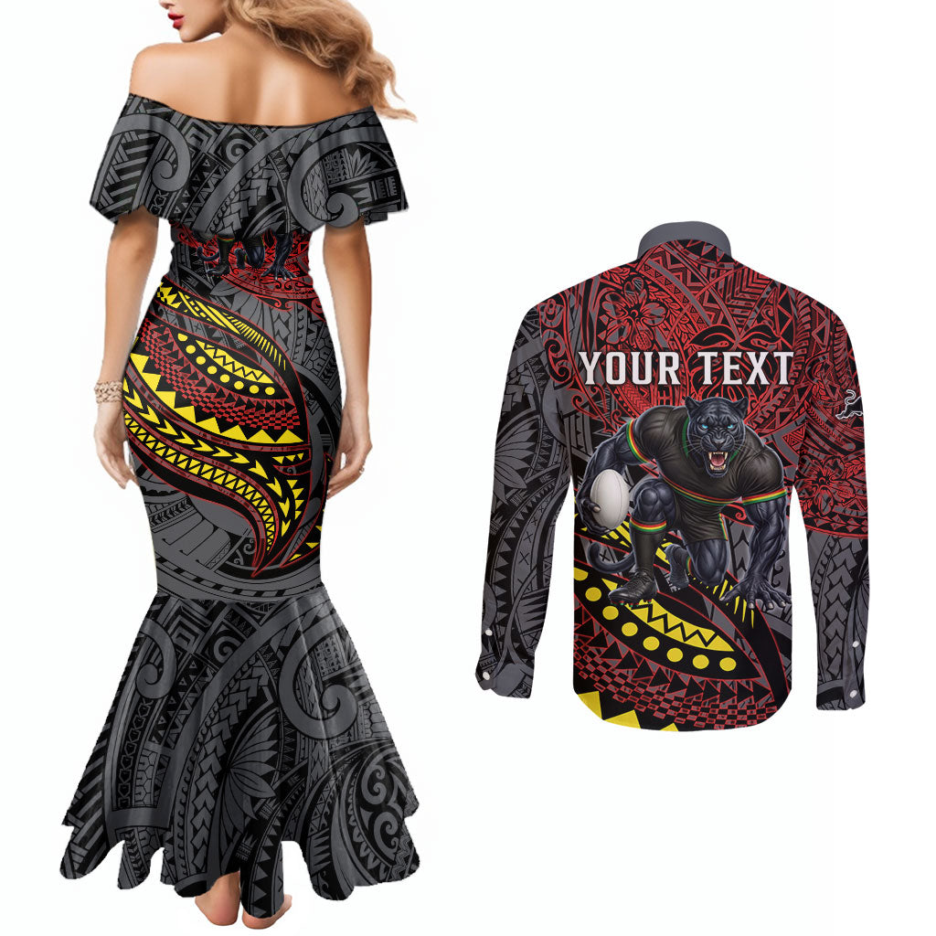 Personalised Penrith Panthers Couples Matching Mermaid Dress and Long Sleeve Button Shirt Polynesian Tribal Art Style With Fierce Panther Mascot