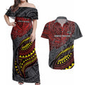 Personalised Penrith Panthers Couples Matching Off Shoulder Maxi Dress and Hawaiian Shirt Polynesian Tribal Art Style With Fierce Panther Mascot