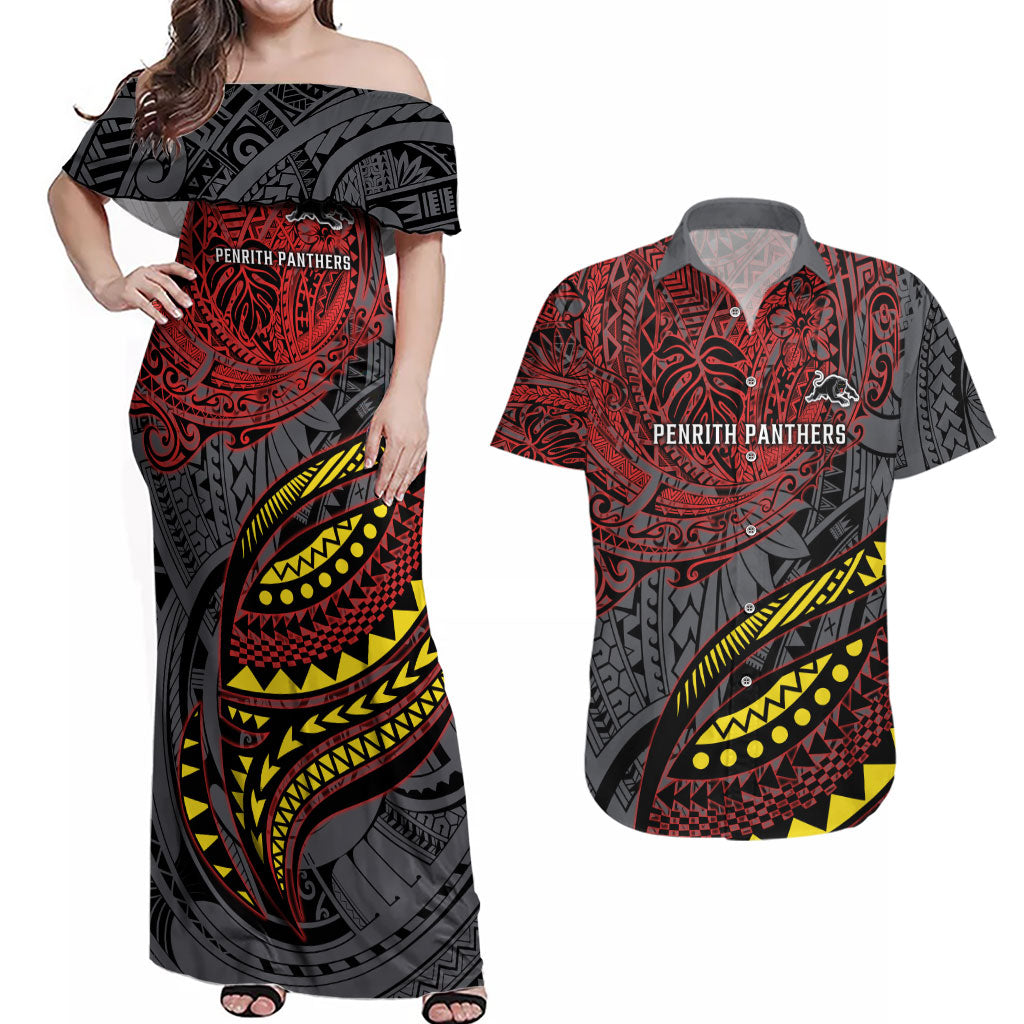Personalised Penrith Panthers Couples Matching Off Shoulder Maxi Dress and Hawaiian Shirt Polynesian Tribal Art Style With Fierce Panther Mascot