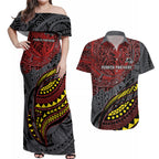 Personalised Penrith Panthers Couples Matching Off Shoulder Maxi Dress and Hawaiian Shirt Polynesian Tribal Art Style With Fierce Panther Mascot