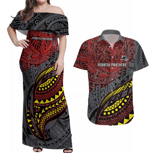 Personalised Penrith Panthers Couples Matching Off Shoulder Maxi Dress and Hawaiian Shirt Polynesian Tribal Art Style With Fierce Panther Mascot
