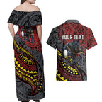 Personalised Penrith Panthers Couples Matching Off Shoulder Maxi Dress and Hawaiian Shirt Polynesian Tribal Art Style With Fierce Panther Mascot