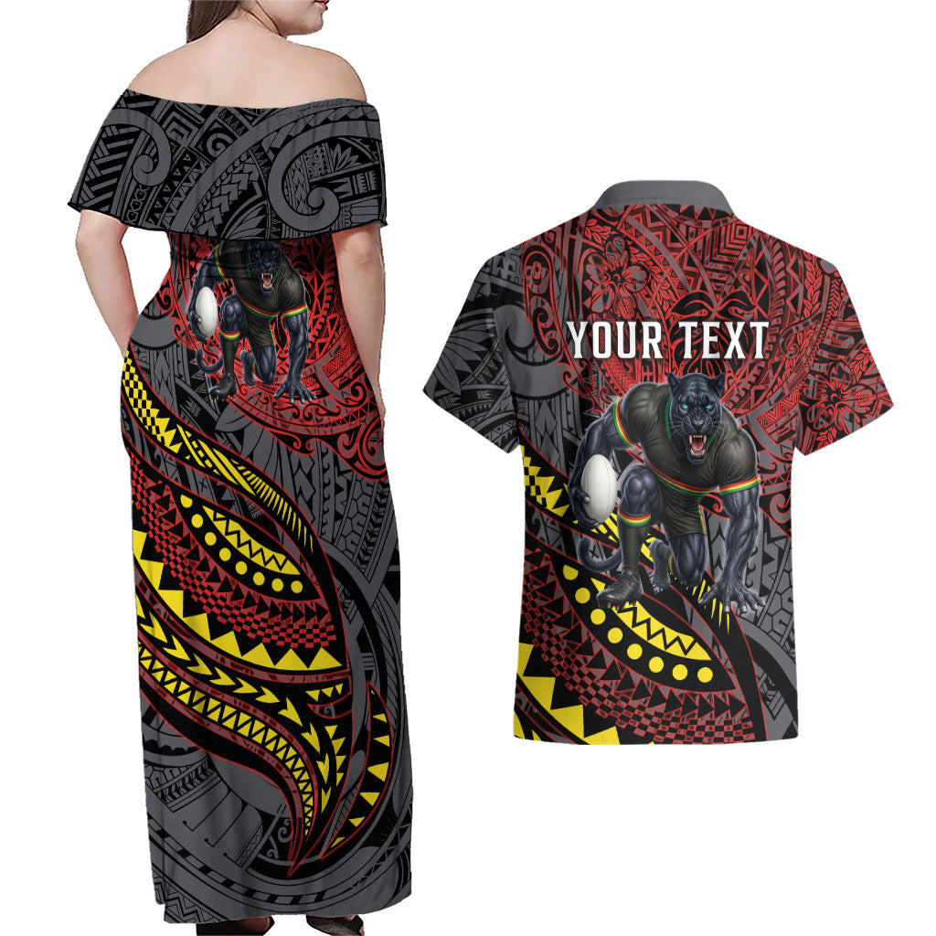 Personalised Penrith Panthers Couples Matching Off Shoulder Maxi Dress and Hawaiian Shirt Polynesian Tribal Art Style With Fierce Panther Mascot