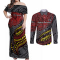 Personalised Penrith Panthers Couples Matching Off Shoulder Maxi Dress and Long Sleeve Button Shirt Polynesian Tribal Art Style With Fierce Panther Mascot