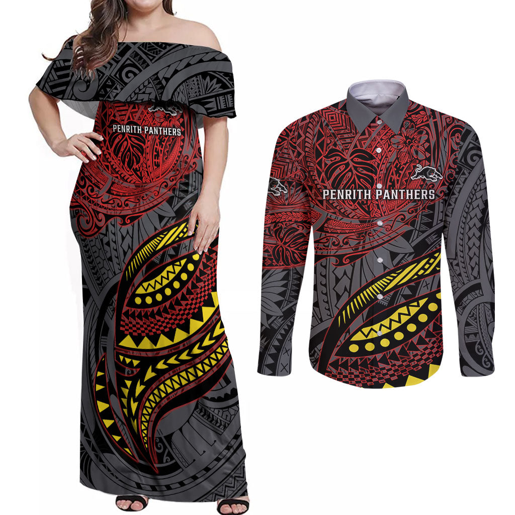 Personalised Penrith Panthers Couples Matching Off Shoulder Maxi Dress and Long Sleeve Button Shirt Polynesian Tribal Art Style With Fierce Panther Mascot
