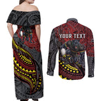 Personalised Penrith Panthers Couples Matching Off Shoulder Maxi Dress and Long Sleeve Button Shirt Polynesian Tribal Art Style With Fierce Panther Mascot