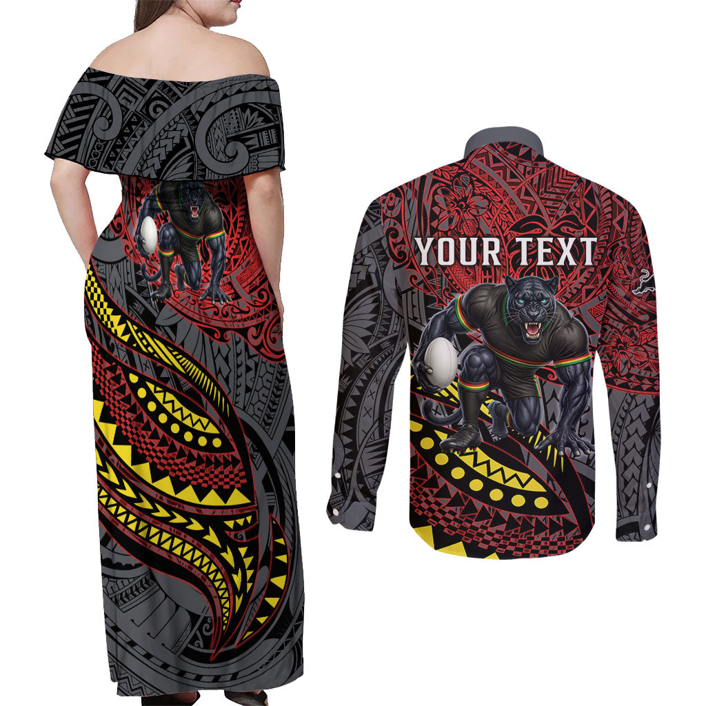 Personalised Penrith Panthers Couples Matching Off Shoulder Maxi Dress and Long Sleeve Button Shirt Polynesian Tribal Art Style With Fierce Panther Mascot