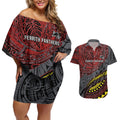 Personalised Penrith Panthers Couples Matching Off Shoulder Short Dress and Hawaiian Shirt Polynesian Tribal Art Style With Fierce Panther Mascot