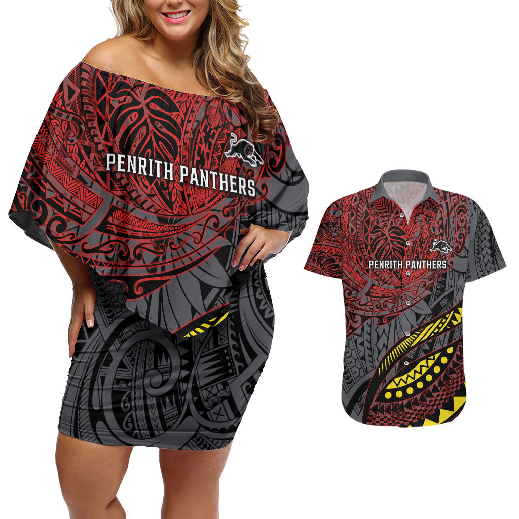 Personalised Penrith Panthers Couples Matching Off Shoulder Short Dress and Hawaiian Shirt Polynesian Tribal Art Style With Fierce Panther Mascot
