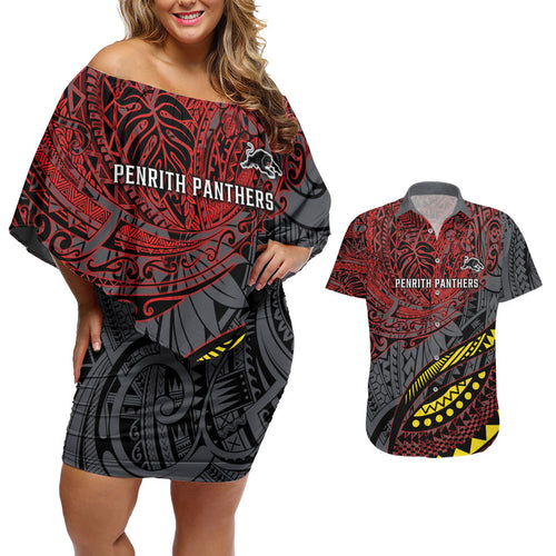 Personalised Penrith Panthers Couples Matching Off Shoulder Short Dress and Hawaiian Shirt Polynesian Tribal Art Style With Fierce Panther Mascot