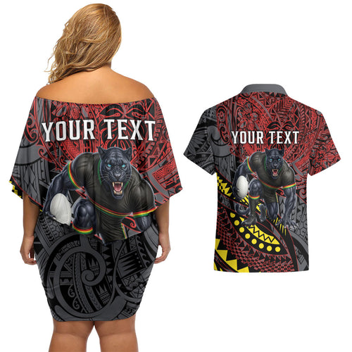 Personalised Penrith Panthers Couples Matching Off Shoulder Short Dress and Hawaiian Shirt Polynesian Tribal Art Style With Fierce Panther Mascot