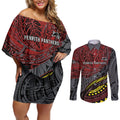 Personalised Penrith Panthers Couples Matching Off Shoulder Short Dress and Long Sleeve Button Shirt Polynesian Tribal Art Style With Fierce Panther Mascot