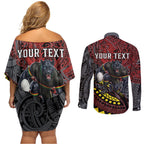 Personalised Penrith Panthers Couples Matching Off Shoulder Short Dress and Long Sleeve Button Shirt Polynesian Tribal Art Style With Fierce Panther Mascot