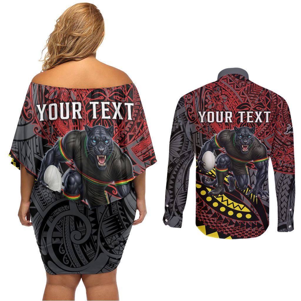 Personalised Penrith Panthers Couples Matching Off Shoulder Short Dress and Long Sleeve Button Shirt Polynesian Tribal Art Style With Fierce Panther Mascot