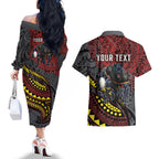 Personalised Penrith Panthers Couples Matching Off The Shoulder Long Sleeve Dress and Hawaiian Shirt Polynesian Tribal Art Style With Fierce Panther Mascot