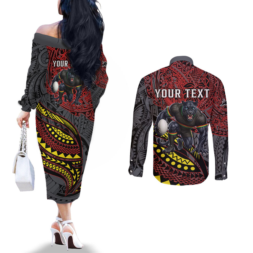 Personalised Penrith Panthers Couples Matching Off The Shoulder Long Sleeve Dress and Long Sleeve Button Shirt Polynesian Tribal Art Style With Fierce Panther Mascot