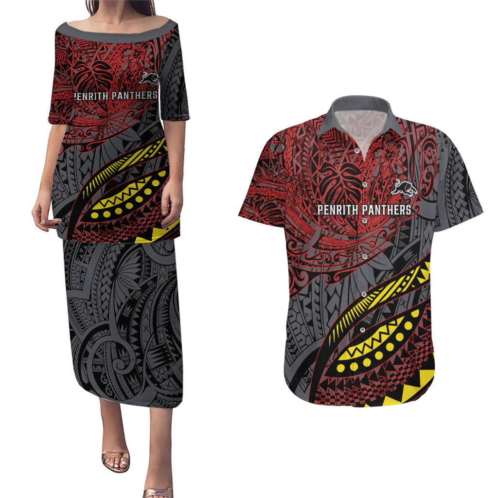 Personalised Penrith Panthers Couples Matching Puletasi and Hawaiian Shirt Polynesian Tribal Art Style With Fierce Panther Mascot