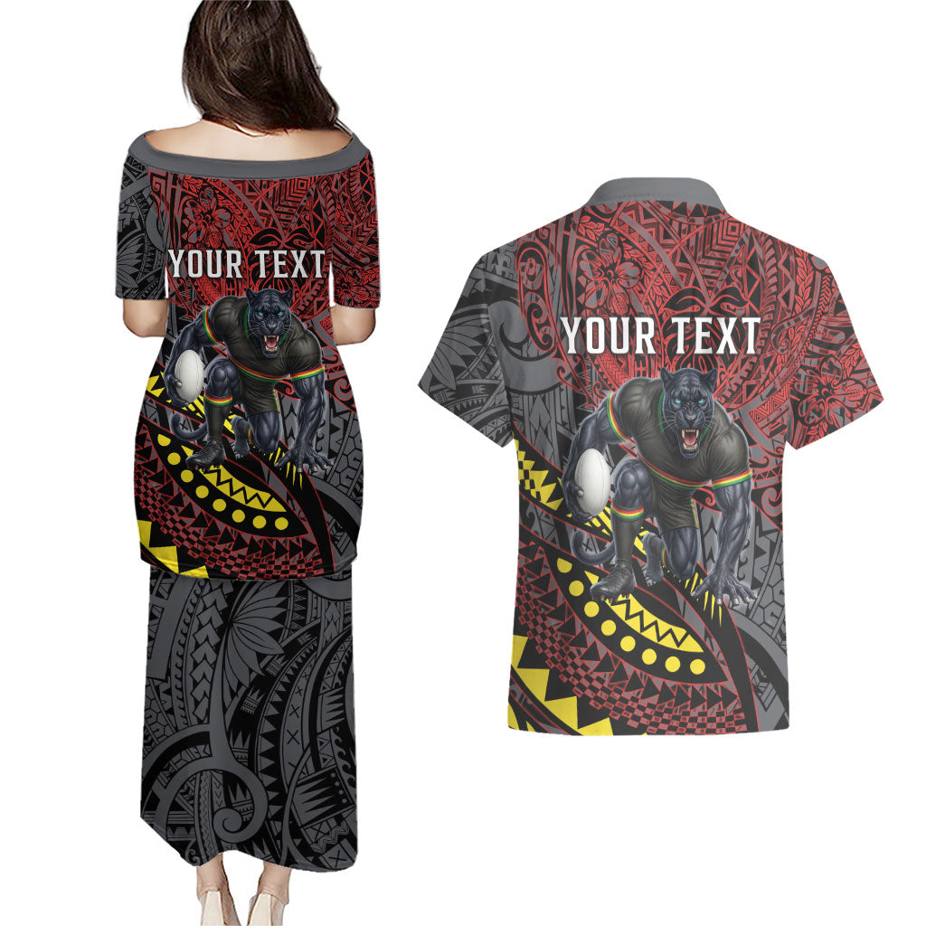 Personalised Penrith Panthers Couples Matching Puletasi and Hawaiian Shirt Polynesian Tribal Art Style With Fierce Panther Mascot
