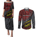Personalised Penrith Panthers Couples Matching Puletasi and Long Sleeve Button Shirt Polynesian Tribal Art Style With Fierce Panther Mascot