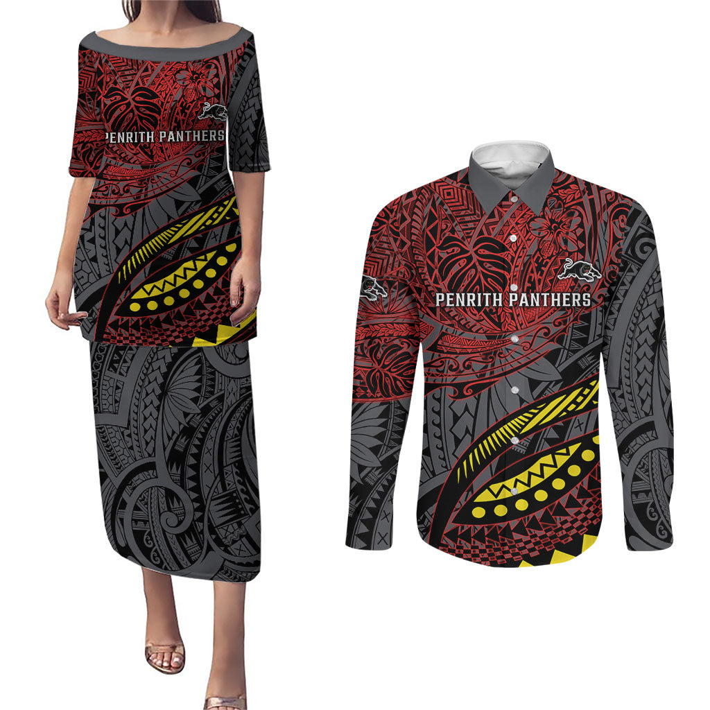 Personalised Penrith Panthers Couples Matching Puletasi and Long Sleeve Button Shirt Polynesian Tribal Art Style With Fierce Panther Mascot