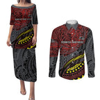 Personalised Penrith Panthers Couples Matching Puletasi and Long Sleeve Button Shirt Polynesian Tribal Art Style With Fierce Panther Mascot