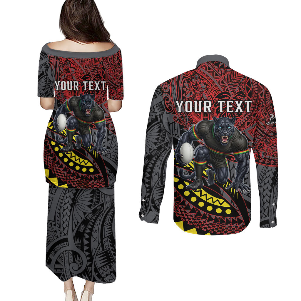 Personalised Penrith Panthers Couples Matching Puletasi and Long Sleeve Button Shirt Polynesian Tribal Art Style With Fierce Panther Mascot