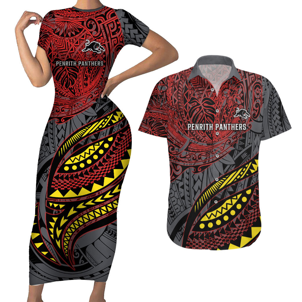 Personalised Penrith Panthers Couples Matching Short Sleeve Bodycon Dress and Hawaiian Shirt Polynesian Tribal Art Style With Fierce Panther Mascot