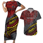 Personalised Penrith Panthers Couples Matching Short Sleeve Bodycon Dress and Hawaiian Shirt Polynesian Tribal Art Style With Fierce Panther Mascot