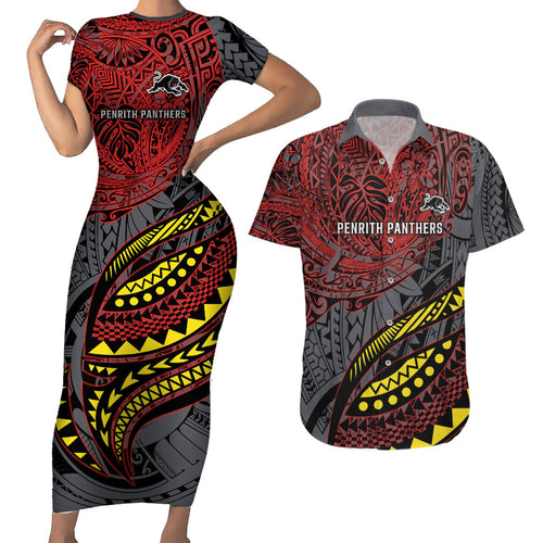 Personalised Penrith Panthers Couples Matching Short Sleeve Bodycon Dress and Hawaiian Shirt Polynesian Tribal Art Style With Fierce Panther Mascot