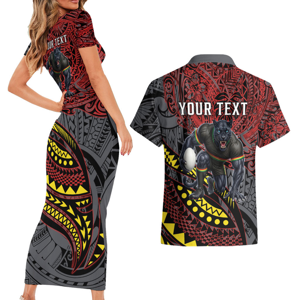 Personalised Penrith Panthers Couples Matching Short Sleeve Bodycon Dress and Hawaiian Shirt Polynesian Tribal Art Style With Fierce Panther Mascot