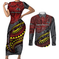 Personalised Penrith Panthers Couples Matching Short Sleeve Bodycon Dress and Long Sleeve Button Shirt Polynesian Tribal Art Style With Fierce Panther Mascot