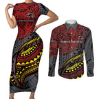 Personalised Penrith Panthers Couples Matching Short Sleeve Bodycon Dress and Long Sleeve Button Shirt Polynesian Tribal Art Style With Fierce Panther Mascot