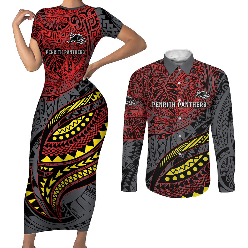 Personalised Penrith Panthers Couples Matching Short Sleeve Bodycon Dress and Long Sleeve Button Shirt Polynesian Tribal Art Style With Fierce Panther Mascot