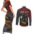 Personalised Penrith Panthers Couples Matching Short Sleeve Bodycon Dress and Long Sleeve Button Shirt Polynesian Tribal Art Style With Fierce Panther Mascot