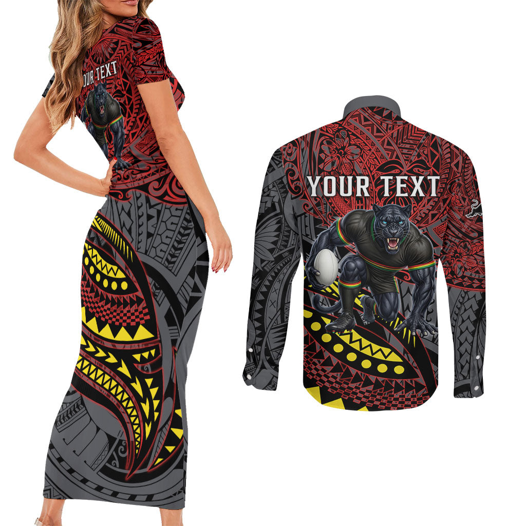 Personalised Penrith Panthers Couples Matching Short Sleeve Bodycon Dress and Long Sleeve Button Shirt Polynesian Tribal Art Style With Fierce Panther Mascot