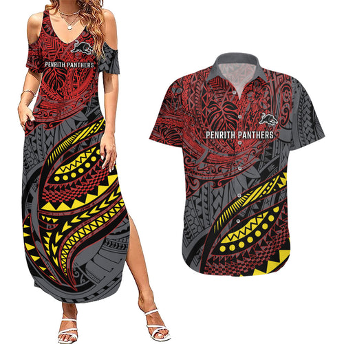 Personalised Penrith Panthers Couples Matching Summer Maxi Dress and Hawaiian Shirt Polynesian Tribal Art Style With Fierce Panther Mascot