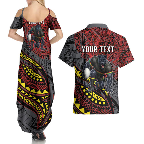 Personalised Penrith Panthers Couples Matching Summer Maxi Dress and Hawaiian Shirt Polynesian Tribal Art Style With Fierce Panther Mascot