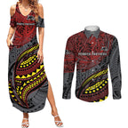 Personalised Penrith Panthers Couples Matching Summer Maxi Dress and Long Sleeve Button Shirt Polynesian Tribal Art Style With Fierce Panther Mascot