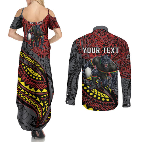 Personalised Penrith Panthers Couples Matching Summer Maxi Dress and Long Sleeve Button Shirt Polynesian Tribal Art Style With Fierce Panther Mascot