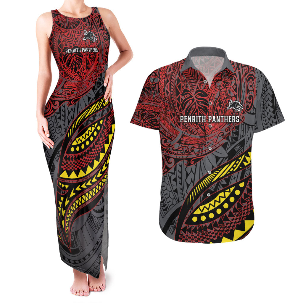 Personalised Penrith Panthers Couples Matching Tank Maxi Dress and Hawaiian Shirt Polynesian Tribal Art Style With Fierce Panther Mascot