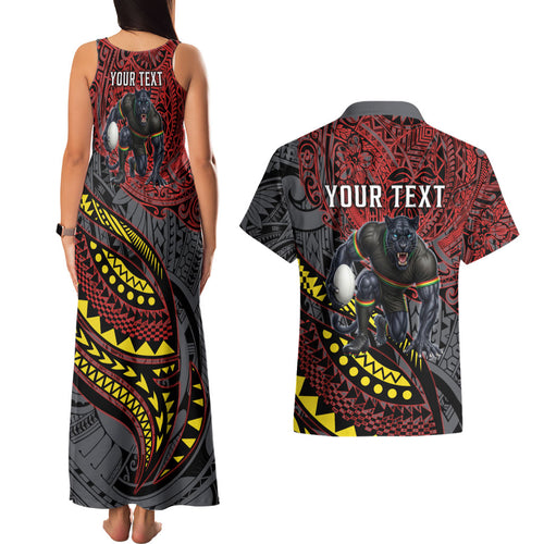 Personalised Penrith Panthers Couples Matching Tank Maxi Dress and Hawaiian Shirt Polynesian Tribal Art Style With Fierce Panther Mascot