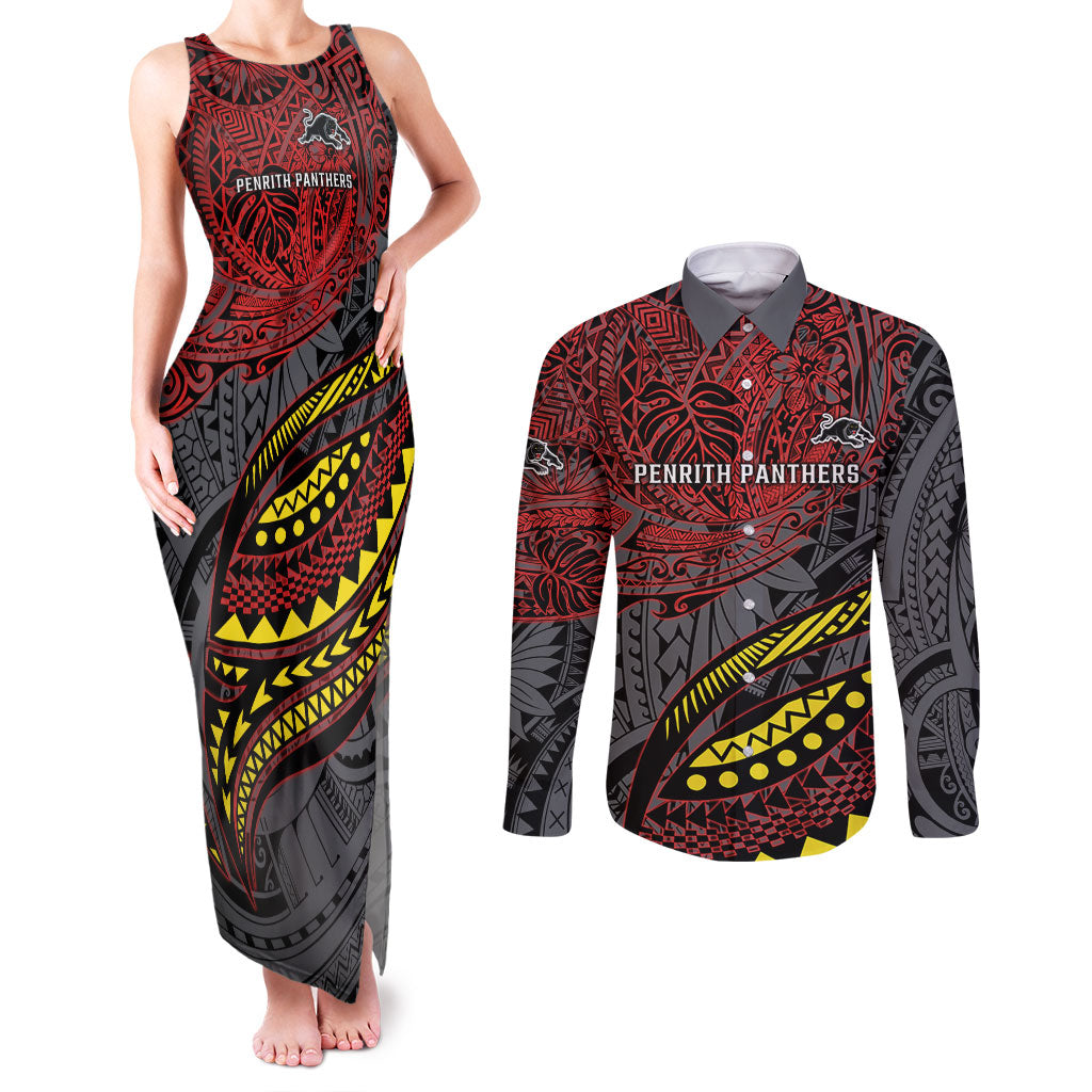 Personalised Penrith Panthers Couples Matching Tank Maxi Dress and Long Sleeve Button Shirt Polynesian Tribal Art Style With Fierce Panther Mascot