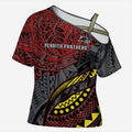 Personalised Penrith Panthers Cross Shoulder Shirt Polynesian Tribal Art Style With Fierce Panther Mascot